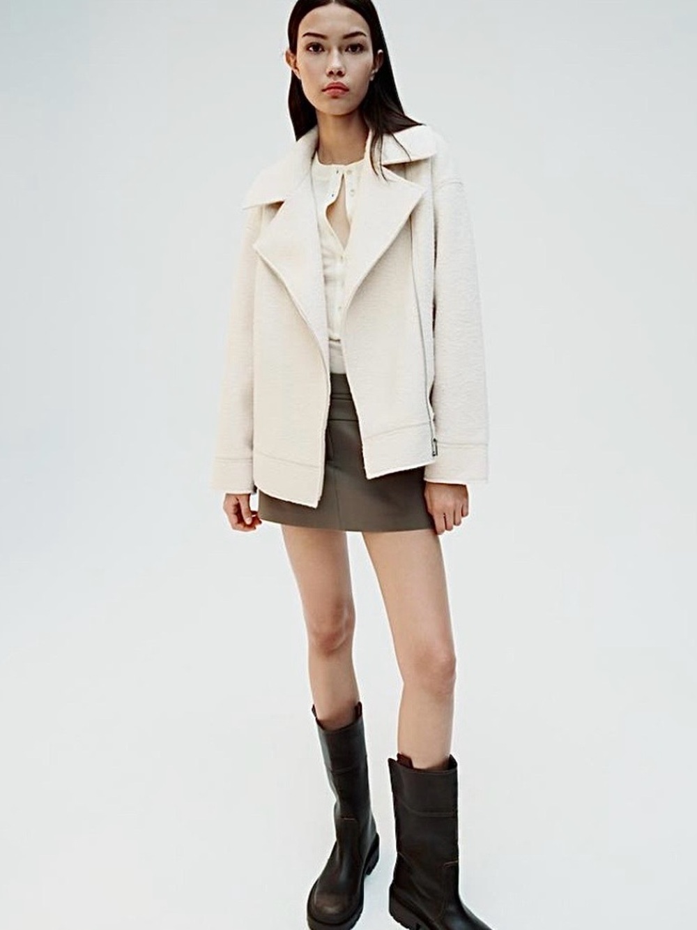 New Zara Outerwear Wool Boucle Oversized Moto Utility Coat Jacket Small Cream